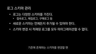 로그 스키마 관리
• 로그는 다양한 스키마를 가진다.
• 접속로그, 채집로그, 구매로그 등
• 새로운 스키마는 언제든지 추가될 수 있어야 한다.
• 스키마 변경 시 적재된 로그를 모두 마이그레이션할 수 없다.
기존에 존재하는 스키마를 변경할 땐
 