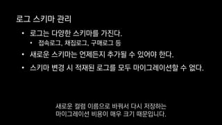 로그 스키마 관리
• 로그는 다양한 스키마를 가진다.
• 접속로그, 채집로그, 구매로그 등
• 새로운 스키마는 언제든지 추가될 수 있어야 한다.
• 스키마 변경 시 적재된 로그를 모두 마이그레이션할 수 없다.
새로운 컬럼 이름으로 바꿔서 다시 저장하는
마이그레이션 비용이 매우 크기 때문입니다.
 