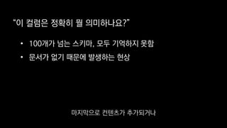 “이 컬럼은 정확히 뭘 의미하나요?”
• 100개가 넘는 스키마, 모두 기억하지 못함
• 문서가 없기 때문에 발생하는 현상
마지막으로 컨텐츠가 추가되거나
 