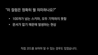 “이 컬럼은 정확히 뭘 의미하나요?”
• 100개가 넘는 스키마, 모두 기억하지 못함
• 문서가 없기 때문에 발생하는 현상
직접 코드를 보아야 알 수 있는 경우도 있었습니다.
 