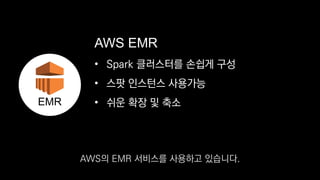 • Spark 클러스터를 손쉽게 구성
• 스팟 인스턴스 사용가능
• 쉬운 확장 및 축소
AWS EMR
EMR
AWS의 EMR 서비스를 사용하고 있습니다.
 