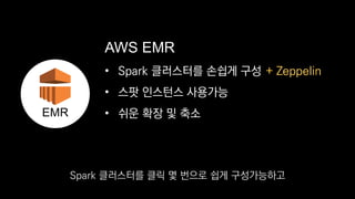 • Spark 클러스터를 손쉽게 구성
• 스팟 인스턴스 사용가능
• 쉬운 확장 및 축소
AWS EMR
EMR
+ Zeppelin
Spark 클러스터를 클릭 몇 번으로 쉽게 구성가능하고
 