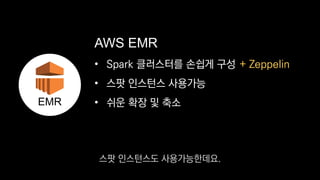 • Spark 클러스터를 손쉽게 구성
• 스팟 인스턴스 사용가능
• 쉬운 확장 및 축소
AWS EMR
EMR
+ Zeppelin
스팟 인스턴스도 사용가능한데요.
 
