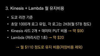 • 도쿄 리전 기준
• 초당 1000개 로그 유입, 각 로그는 2KB(월 5TB 정도)
• Kinesis 샤드 2개 + 데이터 PUT 비용
• Lambda (처리시간 1초)
→ 약 $90
→ 약 $20
3. Kinesis + Lambda 월 유지비용
→ 월 $110 정도로 유지 비용(저장비용 제외)
 