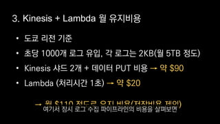 • 도쿄 리전 기준
• 초당 1000개 로그 유입, 각 로그는 2KB(월 5TB 정도)
• Kinesis 샤드 2개 + 데이터 PUT 비용
• Lambda (처리시간 1초)
→ 약 $90
→ 약 $20
3. Kinesis + Lambda 월 유지비용
→ 월 $110 정도로 유지 비용(저장비용 제외)
여기서 잠시 로그 수집 파이프라인의 비용을 살펴보면
 