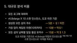 5. 대규모 분석 비용
• 모든 로그에 대하여
• r4.8xlarge X 10 스팟 인스턴스, 도쿄 리전 기준
• 생성된 모든 섬의 개수
• 가장 많이 채집된 자원(10위까지)
• 모든 섬의 날짜별 일일 활성 유저수
→ 5분 = ＄1 미만
→ 10분 = 약＄1
→ 15분 = 약 $ 1.3
프로비저닝 시간 제외, 2018년 4월 24일 기준
도쿄 리전을 기준으로 r4.8xlarge 타입의 인스턴스를
스팟 인스턴스로 10개를 띄우고
 