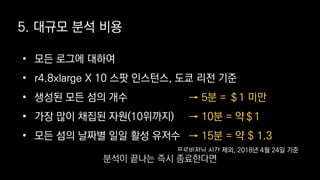 5. 대규모 분석 비용
• 모든 로그에 대하여
• r4.8xlarge X 10 스팟 인스턴스, 도쿄 리전 기준
• 생성된 모든 섬의 개수
• 가장 많이 채집된 자원(10위까지)
• 모든 섬의 날짜별 일일 활성 유저수
→ 5분 = ＄1 미만
→ 10분 = 약＄1
→ 15분 = 약 $ 1.3
프로비저닝 시간 제외, 2018년 4월 24일 기준
분석이 끝나는 즉시 종료한다면
 