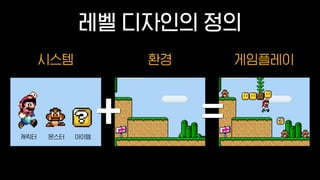 환경 게임플레이
UI성장 시나리오 몬스터
시스템
캐릭터 몬스터 아이템
+ =
레벨 디자인의 정의
 