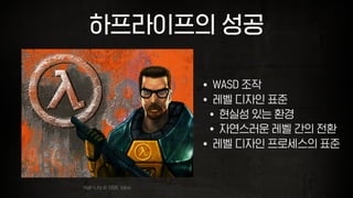 하프라이프의 성공
Half-Life © 1998. Valve
• WASD 조작
• 레벨 디자인 표준
• 현실성 있는 환경
• 자연스러운 레벨 간의 전환
• 레벨 디자인 프로세스의 표준
 