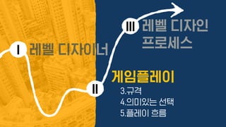 I
게임플레이
II
레벨 디자인
프로세스
III
3.규격
4.의미있는 선택
5.플레이 흐름
레벨 디자이너
3.규격
4.의미있는 선택
5.플레이 흐름
 