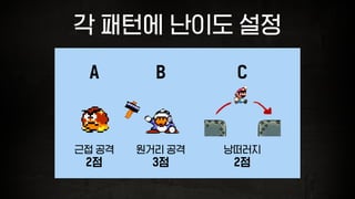 각 패턴에 난이도 설정
근접 공격 원거리 공격 낭떠러지
A B C
2점 3점 2점
 