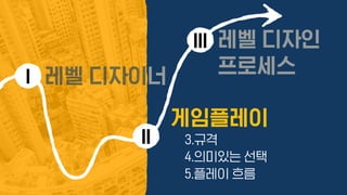 I
게임플레이
II
레벨 디자인
프로세스
III
3.규격
4.의미있는 선택
5.플레이 흐름
레벨 디자이너
 
