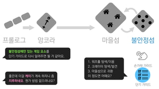 불안정섬프롤로그 앙코라 마을섬
손가락 가이드
단기 가이드
불안정섬에만 있는 게임 요소를
단기 가이드로 다시 알려주면 될 거 같아요.
좋은데 이걸 케이가 계속 하자니 좀
지루하네요. 뭔가 방법 없으려나요?
1. 워프홀 탐색/이용
2. 크레이터 탐색/발견
3. 마을섬으로 귀환
이 정도면 어때요?
 