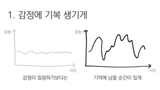 1. 감정에 기복 생기게
감정이 일정하기보다는
감정
시간
기억에 남을 순간이 있게
시간
감정
 