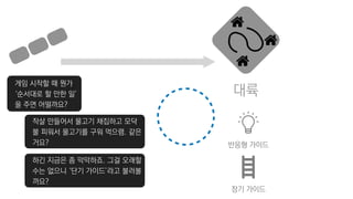 대륙
반응형 가이드
장기 가이드
게임 시작할 때 뭔가
‘순서대로 할 만한 일’
을 주면 어떨까요?
작살 만들어서 물고기 채집하고 모닥
불 피워서 물고기를 구워 먹으렴. 같은
거요?
하긴 지금은 좀 막막하죠. 그걸 오래할
수는 없으니 ‘단기 가이드’라고 불러볼
까요?
 