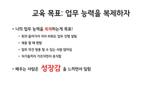 교육 목표: 업무 능력을 복제하자
• 나의 업무 능력을 복제하는게 목표!
• 회의 들어가서 자리 비워도 업무 진행 잘됨
• 채용 할 때 편함
• 업무 의견 핑퐁 할 수 있는 사람 많아짐
• 자기들끼리 가르치면서 증식함
• 배우는 사람은 성장감 을 느끼면서 일함
 