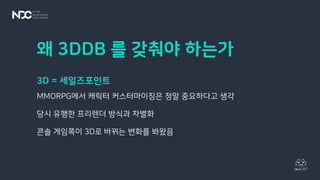 왜 3DDB 를 갖춰야 하는가
3D = 세일즈포인트
MMORPG에서 캐릭터 커스터마이징은 정말 중요하다고 생각
당시 유행한 프리렌더 방식과 차별화
콘솔 게임쪽이 3D로 바뀌는 변화를 봐왔음
 