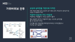 상성과 심리전을 기반으로 디자인
격투 게임의 빠른 공격, 강공격, 잡기 혹은 공격, 하단공격, 점프공격 등
3상성 시스템에서 착안
카운터>강공격>가드>약공격
카운터는 이동불가, 가드는 달리기 불가
평소 일부러 걷거나 이동하지 않는 식으로 심리전을
할 수 있도록 디자인
PVP를 대전 게임처럼 재미있게 하려고 디자인했으나
PVP는 인기 없었다
가위바위보 전투
 