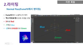 • FumeFX에서 노멀텍스처 제작
• 텍스처좌표계에 맞춰 조명을 셋팅
• X축에 Red
• -Y축은 Blue
• -Z축에 반대방향으로 Green
2.라이팅
Normal Pass(FumeFX에서 랜더링)
지면 폭발
Red
Green
Blue
 
