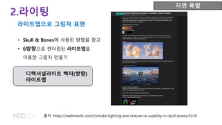 • Skull & Bones에 사용된 방법을 참고
• 6방향으로 랜더링된 라이트맵을
이용한 그림자 만들기
출처: https://realtimevfx.com/t/smoke-lighting-and-texture-re-usability-in-skull-bones/5339
2.라이팅
라이트맵으로 그림자 표현
디렉셔널라이트 벡터(방향)
라이트맵
지면 폭발
 