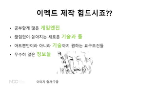 이펙트 제작 힘드시죠??
• 공부할게 많은 게임엔진
• 끊임없이 쏟아지는 새로운 기술과 툴
• 아트뿐만이라 아니라 기술까지 원하는 요구조건들
• 무수히 많은 정보들
이미지 출처:구글
 