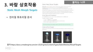 출처:https://docs.unrealengine.com/en-US/Engine/Content/Types/StaticMeshes/MorphTargets
불타는 나무
Static Mesh Morph Targets
3. 바람 상호작용
• 언리얼 튜토리얼 문서
 
