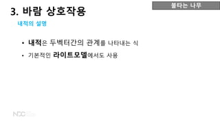 • 내적은 두벡터간의 관계를 나타내는 식
• 기본적인 라이트모델에서도 사용
불타는 나무
3. 바람 상호작용
내적의 설명
 