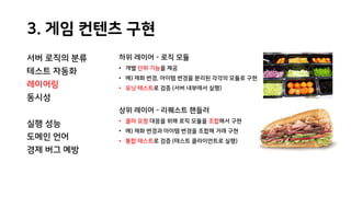 3. 게임 컨텐츠 구현
서버 로직의 분류
테스트 자동화
레이어링
동시성
실행 성능
도메인 언어
경제 버그 예방
하위 레이어 - 로직 모듈
• 개별 단위 기능을 제공
• 예) 재화 변경, 아이템 변경을 분리된 각각의 모듈로 구현
• 유닛 테스트로 검증 (서버 내부에서 실행)
상위 레이어 – 리퀘스트 핸들러
• 클라 요청 대응을 위해 로직 모듈을 조합해서 구현
• 예) 재화 변경과 아이템 변경을 조합해 거래 구현
• 통합 테스트로 검증 (테스트 클라이언트로 실행)
 