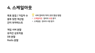 4. 스케일아웃
목표 동접 / 가입자 수
봉투 뒷면 계산법
간이 부하테스트
게임 서버 분할
유저간 상호작용
DB 분할
Redis 분할
서버 장비의 처리 규모 향상 방법
• 스케일아웃 : 장비의 수량 증가
• 스케일업 : 장비의 사양 증가
 