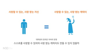 대부분의 창작은 자아의 반영
스스로를 사랑할 수 있어야 사랑 받는 캐릭터도 만들 수 있지 않을까
사랑할 수 있는, 사랑 받는 자신 사랑할 수 있는, 사랑 받는 캐릭터
 
