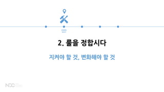 2. 룰을 정합시다
지켜야 할 것, 변화해야 할 것
STEP2
RULES
 