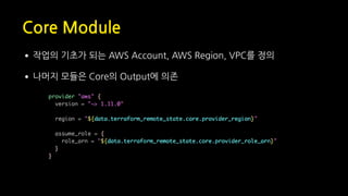 Core Module
•작업의 기초가 되는 AWS Account, AWS Region, VPC를 정의
•나머지 모듈은 Core의 Output에 의존
 