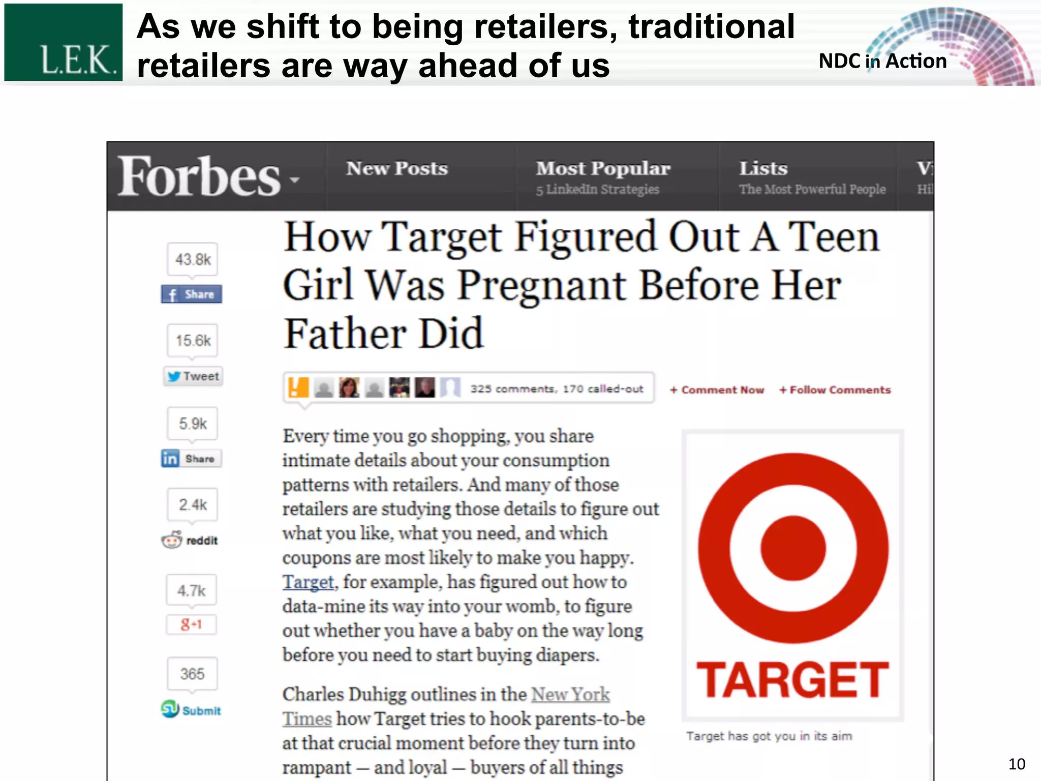 NDC	
  in	
  Ac)on	
  
As we shift to being retailers, traditional
retailers are way ahead of us
10	
  © L.E.K. Consulting LLC. All rights reserved.
 