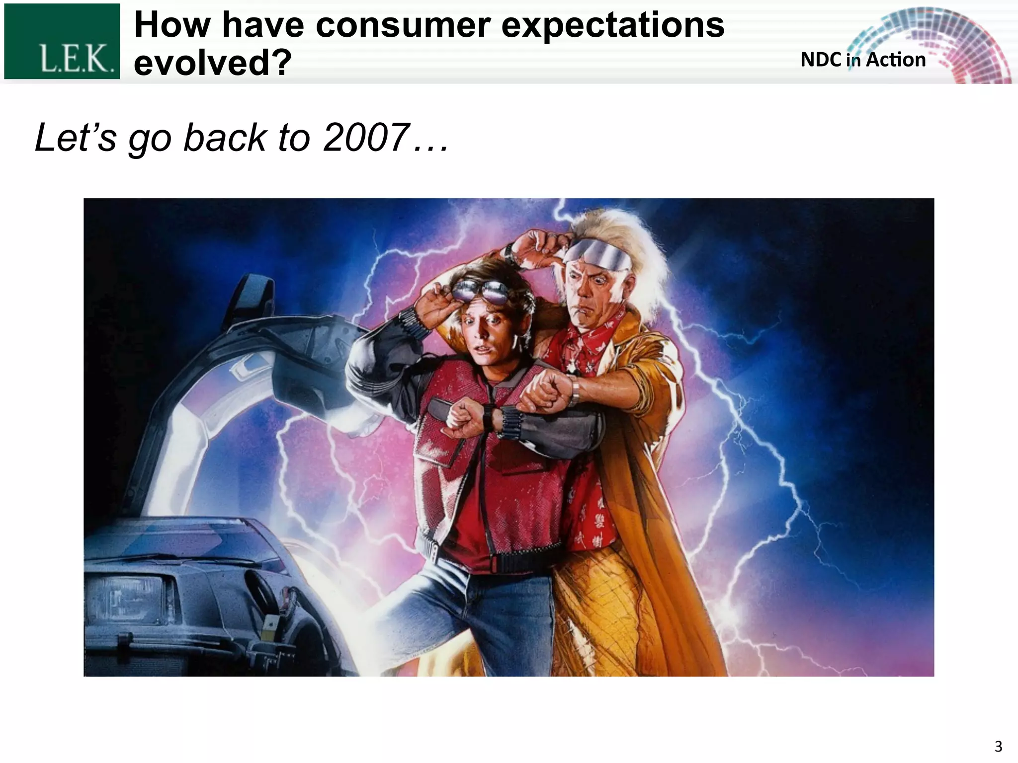 NDC	
  in	
  Ac)on	
  
How have consumer expectations
evolved?
Let’s go back to 2007…
3	
  © L.E.K. Consulting LLC. All rights reserved.
 