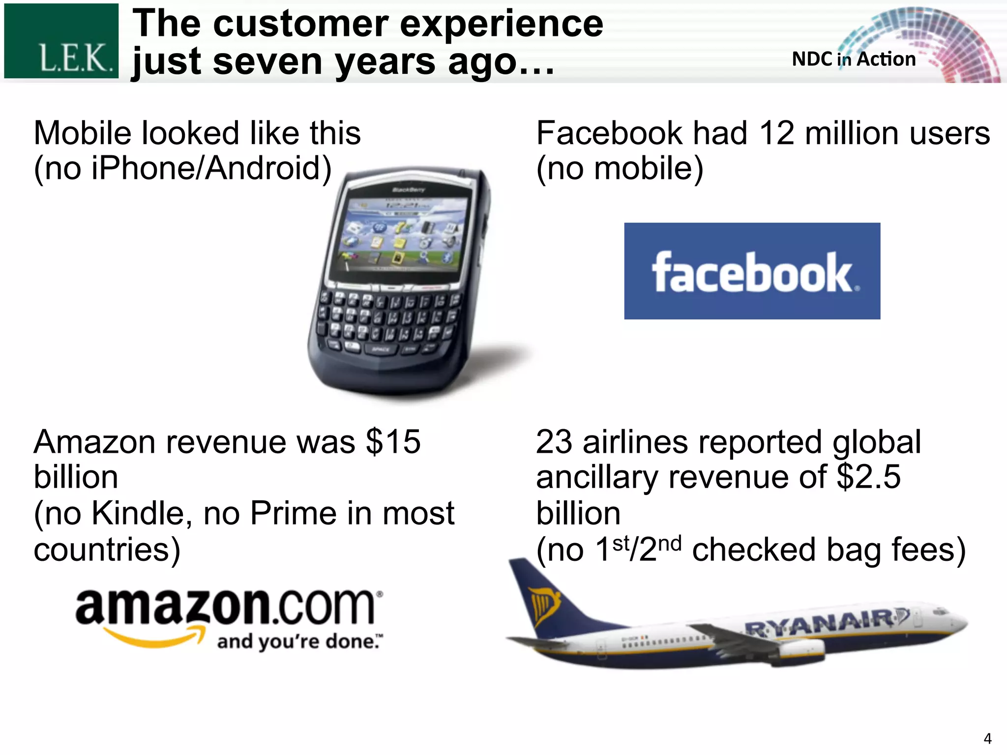 NDC	
  in	
  Ac)on	
  
The customer experience
just seven years ago…
Facebook had 12 million users
(no mobile)
4	
  
Mobile looked like this
(no iPhone/Android)
Amazon revenue was $15
billion
(no Kindle, no Prime in most
countries)
23 airlines reported global
ancillary revenue of $2.5
billion
(no 1st/2nd checked bag fees)
© L.E.K. Consulting LLC. All rights reserved.
 