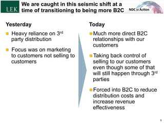 NDC	
  in	
  Ac)on	
  
We are caught in this seismic shift at a
time of transitioning to being more B2C
!  Much more direct B2C
relationships with our
customers
!  Taking back control of
selling to our customers
even though some of that
will still happen through 3rd
parties
!  Forced into B2C to reduce
distribution costs and
increase revenue
effectiveness
!   Heavy reliance on 3rd
party distribution
!   Focus was on marketing
to customers not selling to
customers
TodayYesterday
9	
  © L.E.K. Consulting LLC. All rights reserved.
 