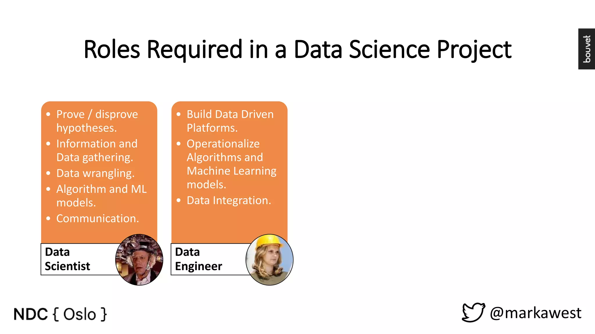 @markawest Roles Required in a Data Science Project • Prove / disprove hypotheses. • Information and Data gathering. • Data wrangling. • Algorithm and ML models. • Communication. Data Scientist • Build Data Driven Platforms. • Operationalize Algorithms and Machine Learning models. • Data Integration. Data Engineer • Storytelling. • Build Dashboards and other Data visualizations. • Provide insight through visual means. Visualization Expert • Project Management. • Manage stakeholder expectations. • Maintain a Vision. • Facilitate. Process Owner 