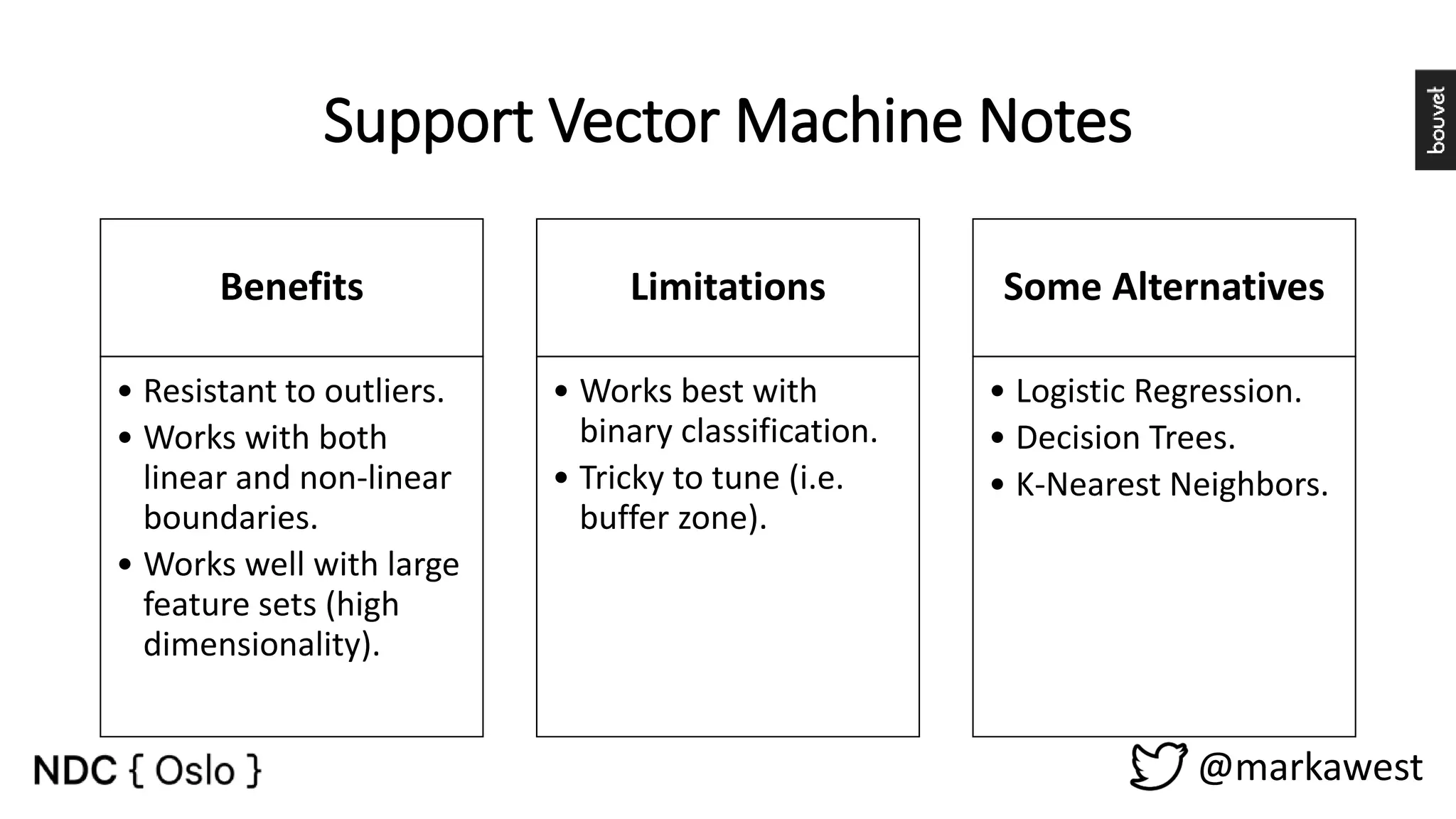 Support Vector Machine Notes Benefits • Resistant to outliers. • Works with both linear and non-linear boundaries. • Works well with large feature sets (high dimensionality). Limitations • Works best with binary classification. • Tricky to tune (i.e. buffer zone). Some Alternatives • Logistic Regression. • Decision Trees. • K-Nearest Neighbors. @markawest 