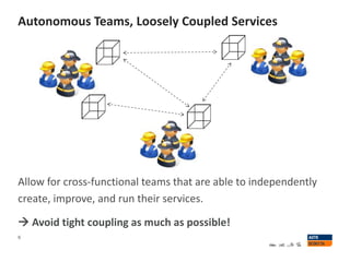 Autonomous Teams, Loosely Coupled Services
6
Allow for cross-functional teams that are able to independently
create, improve, and run their services.
 Avoid tight coupling as much as possible!
 
