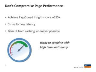 Don't Compromise Page Performance
7
• Achieve PageSpeed Insights score of 95+
• Strive for low latency
• Benefit from caching whenever possible
tricky to combine with
high team autonomy
 