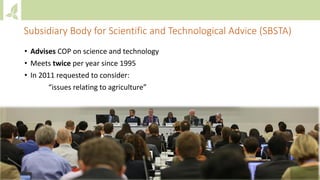 • Advises COP on science and technology
• Meets twice per year since 1995
• In 2011 requested to consider:
“issues relating to agriculture”
Subsidiary Body for Scientific and Technological Advice (SBSTA)
 