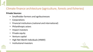 Private Sources:
• Smallholder farmers and agribusinesses
• Corporations
• Financial institutions (national and international)
• Philanthropic actors
• Impact investors
• Private equity
• Venture capital
• High Net Worth Individuals (HNWI)
• Institutional investors
Climate finance architecture (agriculture, forests and fisheries)
 