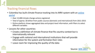 Tracking financial flows
• Colombia has built climate finance tracking into its MRV system with an online
portal
• Over 15,000 climate change actions registered
• Total of approx. $6 billion from public sources (domestic and international) from 2011-2015
• Online platform shows aggregated data and project-level information, with filters to select
different variables
• Lessons for other countries:
• Create a definition of climate finance that fits country context but is
internationally relevant
• Engage with national and international institutions that will provide
information for the system and formalize their roles
• Leave room for improving the quality of the data
Source: WRI 2017
 