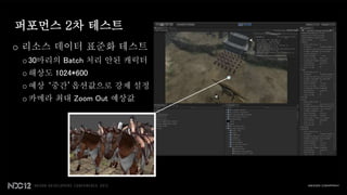 퍼포먼스 2차 테스트
o 리소스 데이터 표준화 테스트
 o 30마리의 Batch 처리 안된 캐릭터
 o 해상도 1024*600
 o 예상 ‘중간’옵션값으로 강제 설정
 o 카메라 최대 Zoom Out 예상값
 