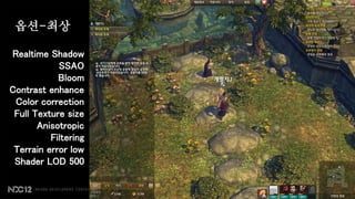 옵션-최상

Realtime Shadow
            SSAO
            Bloom
Contrast enhance
 Color correction
 Full Texture size
       Anisotropic
          Filtering
 Terrain error low
 Shader LOD 500
 