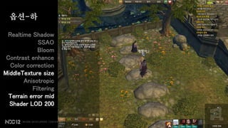 옵션-하

 Realtime Shadow
             SSAO
             Bloom
 Contrast enhance
  Color correction
MiddleTexture size
       Anisotropic
           Filtering
  Terrain error mid
  Shader LOD 200
 
