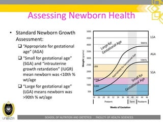 SCHOOL OF NUTRITION AND DIETETICS . FACULTY OF HEALTH SCIENCES
Assessing Newborn Health
• Standard Newborn Growth
Assessment:
 “Appropriate for gestational
age” (AGA)
 “Small for gestational age”
(SGA) and “intrauterine
growth retardation” (IUGR)
mean newborn was <10th %
wt/age
 “Large for gestational age”
(LGA) means newborn was
>90th % wt/age
 