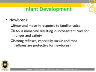 SCHOOL OF NUTRITION AND DIETETICS . FACULTY OF HEALTH SCIENCES
Infant Development
• Newborns:
Hear and move in response to familiar voice
CNS is immature resulting in inconsistent cues for
hunger and satiety
Strong reflexes, especially suckle and root
(reflexes are protective for newborns)
 