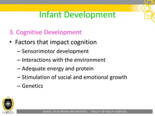 SCHOOL OF NUTRITION AND DIETETICS . FACULTY OF HEALTH SCIENCES
Infant Development
3. Cognitive Development
• Factors that impact cognition
– Sensorimotor development
– Interactions with the environment
– Adequate energy and protein
– Stimulation of social and emotional growth
– Genetics
 