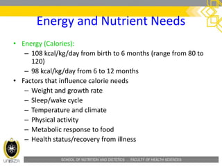 SCHOOL OF NUTRITION AND DIETETICS . FACULTY OF HEALTH SCIENCES
Energy and Nutrient Needs
• Energy (Calories):
– 108 kcal/kg/day from birth to 6 months (range from 80 to
120)
– 98 kcal/kg/day from 6 to 12 months
• Factors that influence calorie needs
– Weight and growth rate
– Sleep/wake cycle
– Temperature and climate
– Physical activity
– Metabolic response to food
– Health status/recovery from illness
 